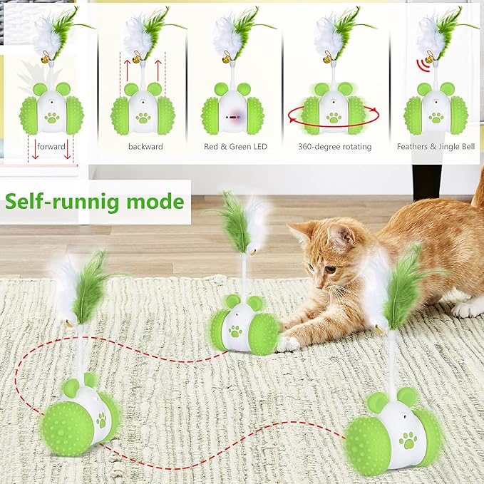 Interactive Cat Toy – Automatic Motion-Activated Cat Ball with Feathers & Jingle Bell, 360° Rotating, Rechargeable 2000mAh Battery, LED Light, Night Auto-Off – Ideal for Indoor Cats (Green)