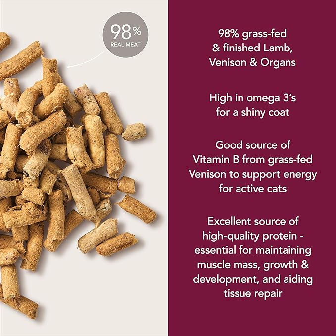 Feline Natural Freeze Dried Cat Food - Grain-Free and High Protein Cat Food from New Zealand, Complete Meal or Topper for Kittens, Adults, and Senior Cats, Grass-Fed Lamb and Venison, 11 oz