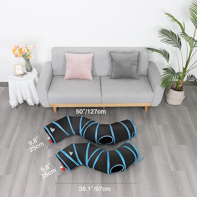Pawaboo Cat Toys, Cat Tunnel Tube S-Shaped Tunnels 25x97cm Extensible Collapsible Cats Play Tent Interactive Toy Maze Cats House with Balls and Bells for Kitten Kitty Rabbit Small Animal, Blue