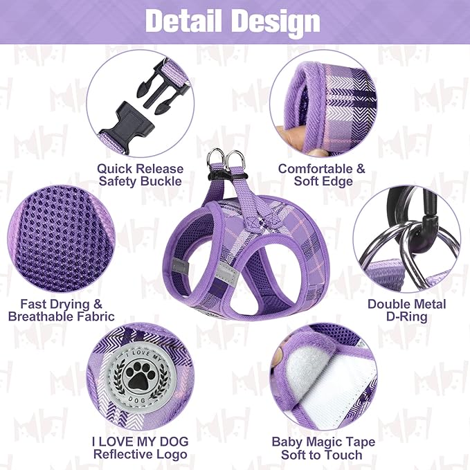 BEAUTYZOO Small Dog Harness and Leash Set,Step in No Choke No Pull Soft Mesh Dog Harnesses Reflective for Extra-Small Medium Puppy Dogs and Cats, Plaid Dog Vest Harness for XS S Pets, Purple XS