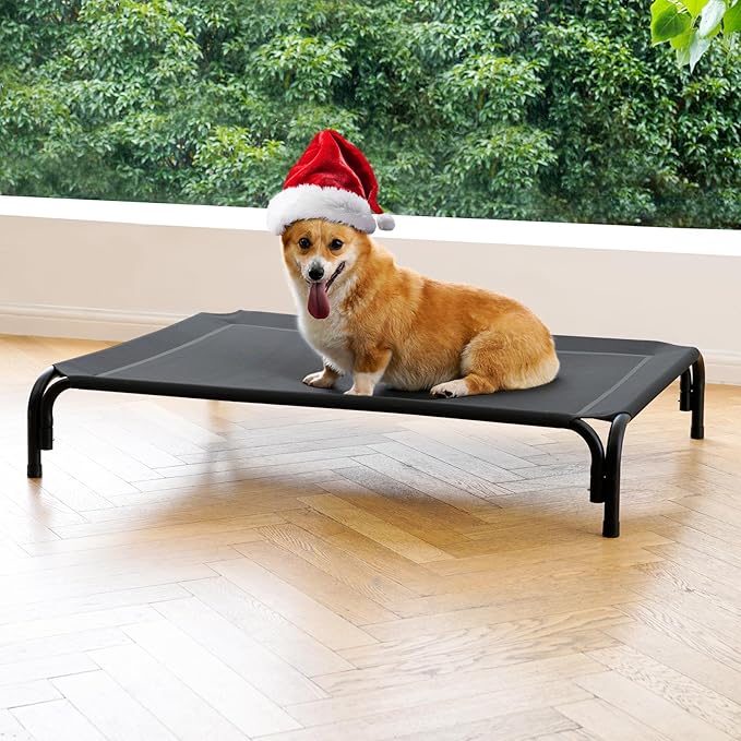 Elevated Dog Bed Raised Outdoor Dog Cot for Medium Dogs, Installation Requires No Tools, Frame with Washable Cooling Breathable Mesh Anti-Slip Feet, Indoor Pet Bed, Black, 35.4 Inches