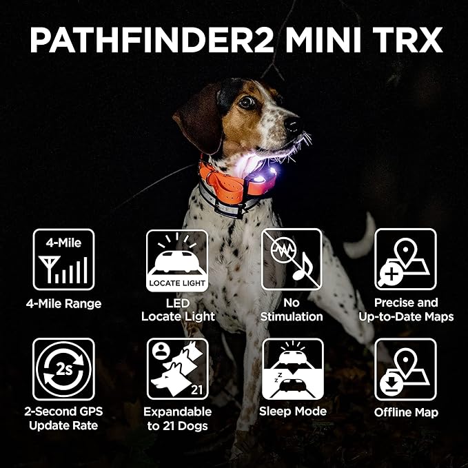 Dogtra Pathfinder 2 Mini TRX Additional Receiver Dog GPS Tracker LED Light Blue Collar SmartWatch Compatible Rechargeable Waterproof Free Offline Maps No Monthly Fee Smartphone Required
