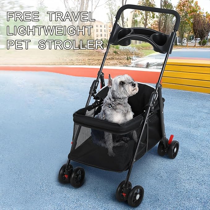 Pet Strollers,4 Wheels Outdoor Travel Pet Folding Stroller, Outdoor Travel Folding Stroller, Dog Cat Cage Carrier with Cup Holder, Breathable and Visible Mesh for Medium Small Dog