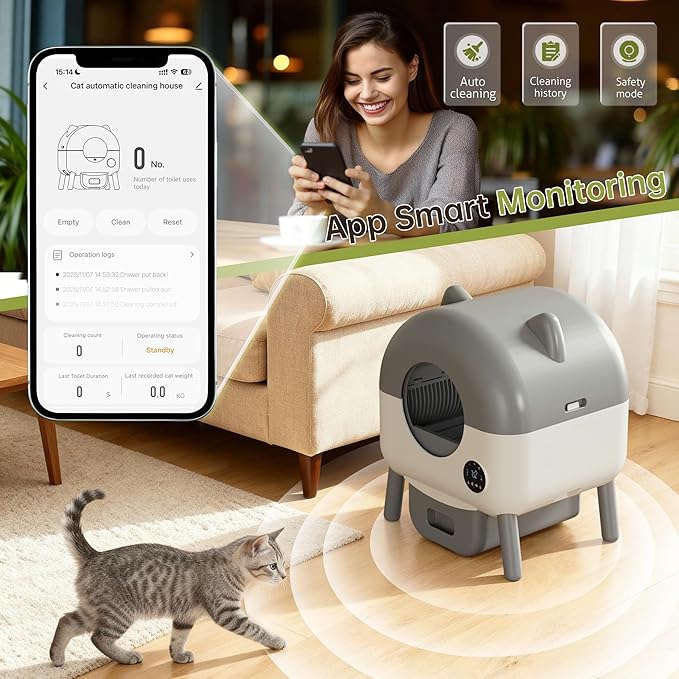 Greesum 76L Large Capacity Fully Enclosed Automatic Litter Box, Cat Ear Design with Garbage Bags Aroma Box and Brush for Multi - Cat Families (Gray)