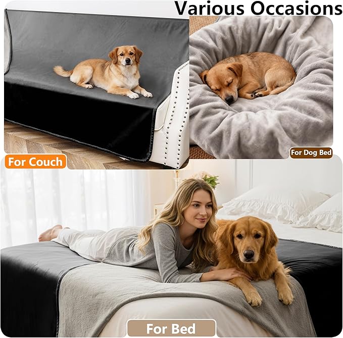 Waterproof Blanket for Couch, Leak Proof Dog Bed Blankets Reversible, Pet Throw Sofa Furniture Protector Machine Washable-52 x82,Black+Lightgrey