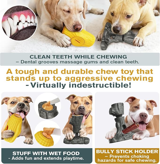 Ansoniser 2-in-1 Durable Dog Toy Bundle，Bully Stick Holder & Frozen Treat Slow Feeder for Aggressive Chewers, Food-Safe Interactive Toys to Relieve Boredom, Best Gift for Small to Large Dogs