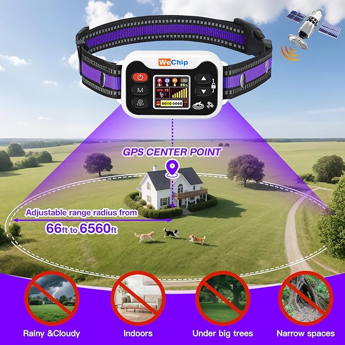 WeChip Wireless GPS Dog Fence Collar - 3 Alerts (0-9 Levels), 66-6560FT Radius, 122H Rechargeable Battery.Waterproof Shock Collar for Lawns, Farms & Walks. (Purple)
