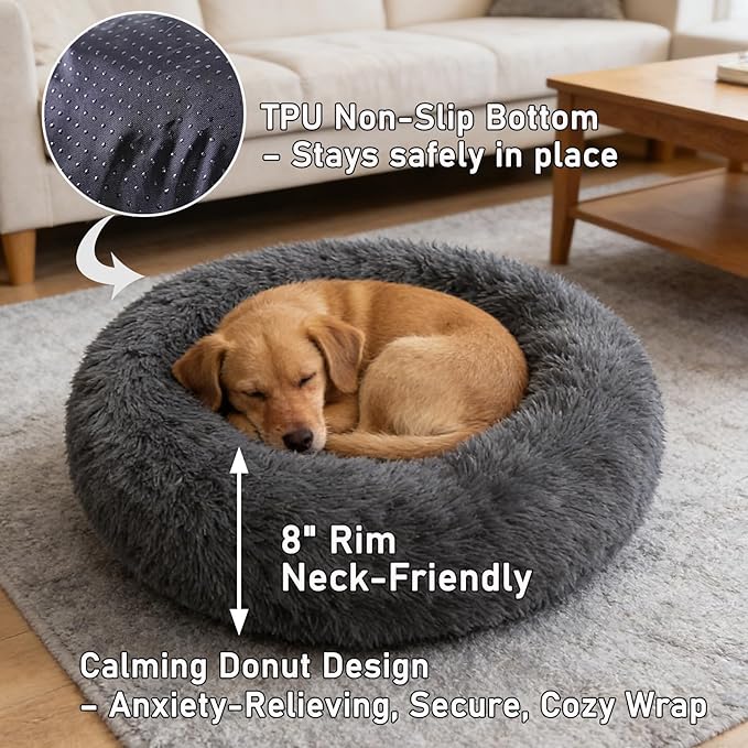 Calming Donut Dog Bed Medium Size Dog - Washable Removable Cover Non-Slip Bottom, Round Pet Bed Cat Bed Warming Fluffy Plush Faux Fur Anti-Anxiety, Fits up to 45 lbs (Dark Grey, 30")