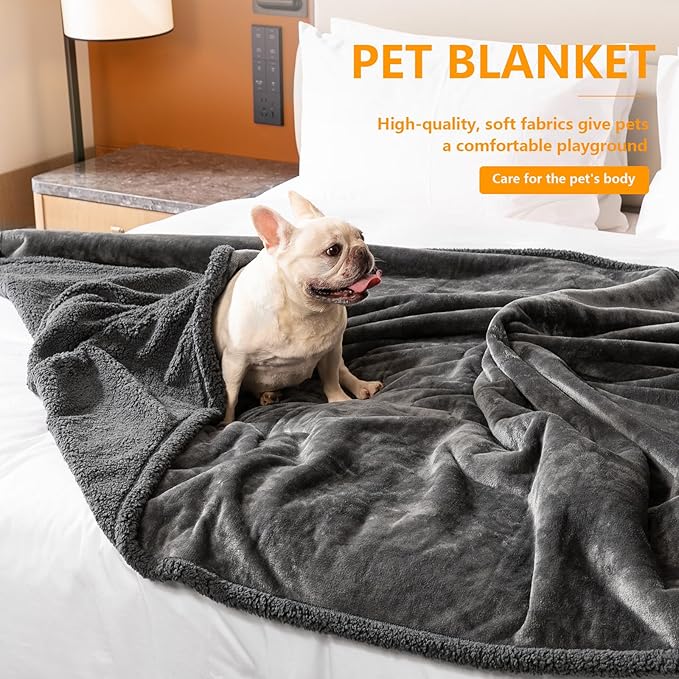 Gray Fluffy Dogs Blanket for Bed Cover,85x85in Super Big Waterproof Sherpa Fleece Blankets for Queen King Size Beds Leakproof Sofa Couch Cover for Warm Washable Mat- Gray, XXL-85x85in