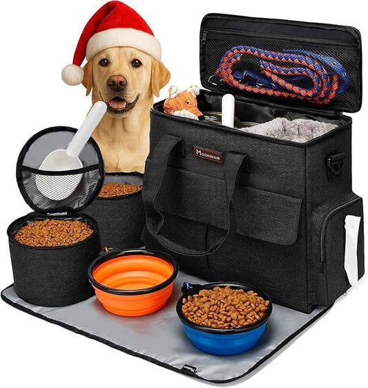 Dog Travel Bag by Modoker - Dog Travel Kit for a Weekend Away Set Includes Pet Travel Bag Organizer for Accessories, 2 Collapsible Bowls, 2 Travel Food Container (Black)