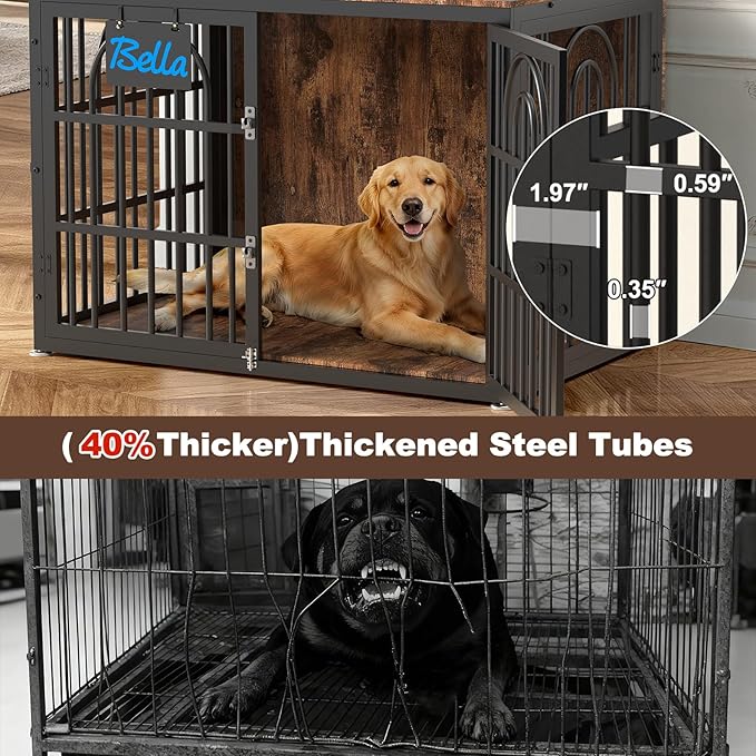 46.5" Dog Crate Furniture, Heavy Duty Dog Crates, Dog Kennel Furniture Indoor for Extra Large Dog as TV Stand, Wooden Cage End Table for Indoor, Name Tag Escape-Proof Locks & Double Door