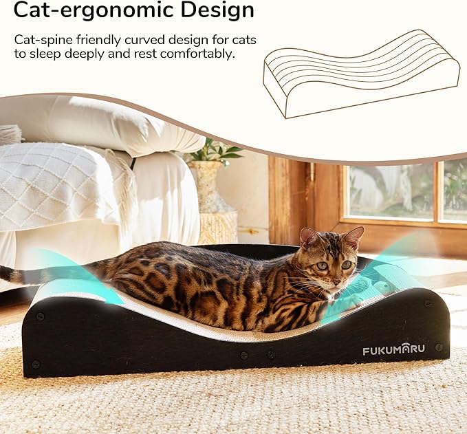 FUKUMARU Cardboard Cat Scratcher Bed, Extra Long 29.1 Inch Cat Scratch Bed Couch Indoor, Natural Felt Multifunctional Cats Scratching Lounger, Horizontal Kitten Cats Scratch Pad with Ball Toy, Black