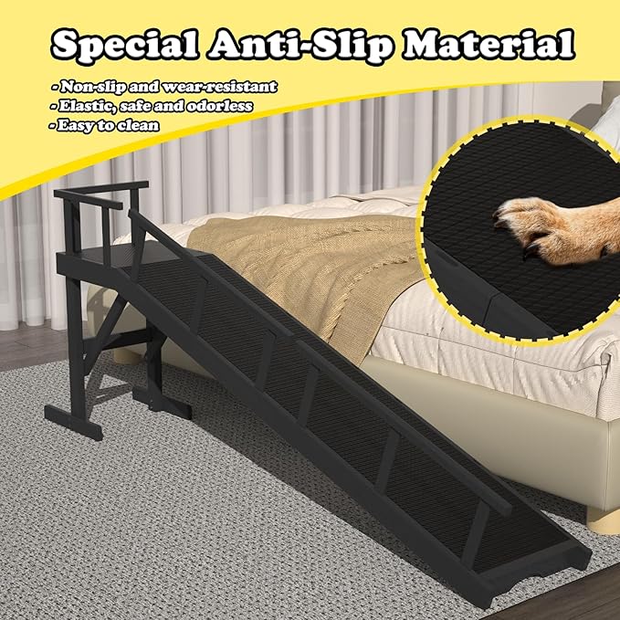 25" Height Dog Ramp for Bed, 73" Long Large Pet Ramp with Non-Slip Surface, Wooden Dog Ramp with Removable Rail & Rest Platform, Also as Dog Stairs for Small Senior Dogs with Glow Strips, Black