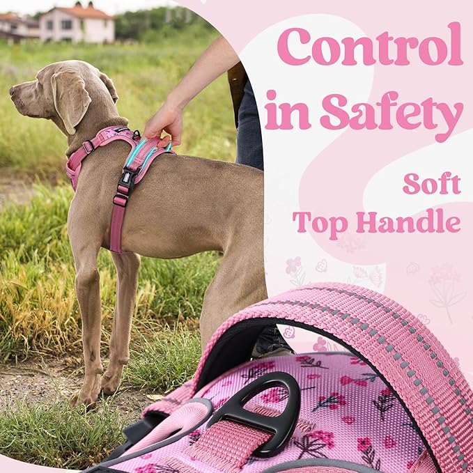 rabbitgoo Dog Harness Medium Sized, No Pull Pet Harness with 3 Buckles, Adjustable Soft Padded Vest with Control Handle, Walking Reflective Pet Vest for Medium Dogs, Floral Pink, M