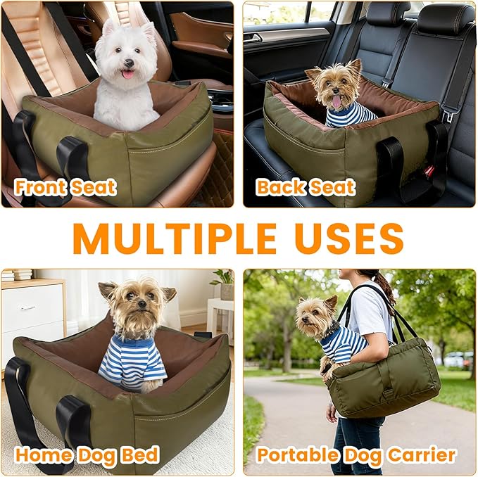 Dog Car Seat for Small Dogs, Large Leather Dog Car Bed with Storage Pocket, Waterproof PVC Leather Booster Seat Travel Bed for Front & Back Seat, Clip-On Safety Leash (Green/Brown)