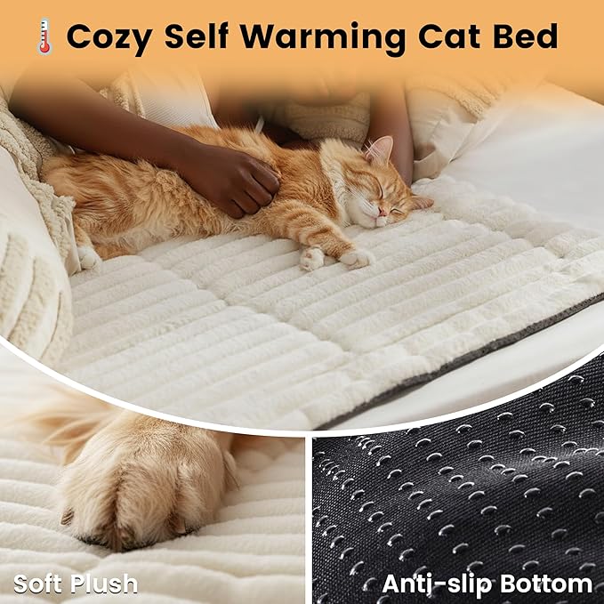 Self Warming Cat Bed, Small Self Heating Pet Crate Pad, Thermal Extra Warm Dog Mat for Indoor Kitten and Outdoor, Non Slip, Washable, 24" × 18", Creamy White