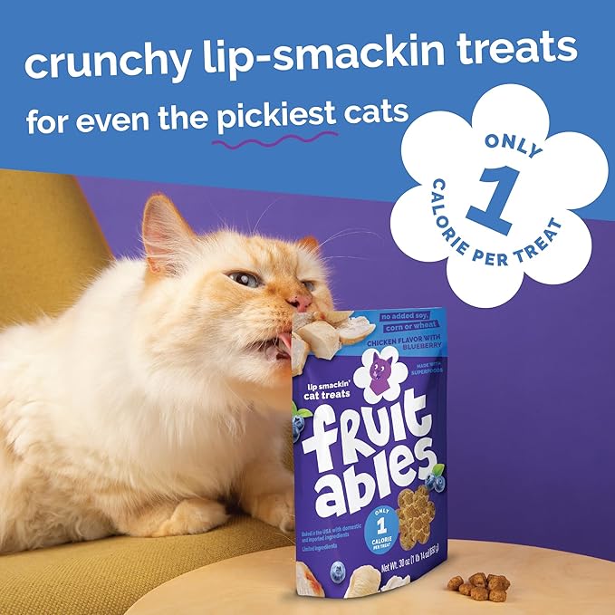Fruitables Cat Treats, Healthy Treats For Cats, Low Calorie and Packed with Protein, Crunchy Biscuits, No Wheat, Corn or Soy, Made with Real Chicken and Blueberry, 2.5oz