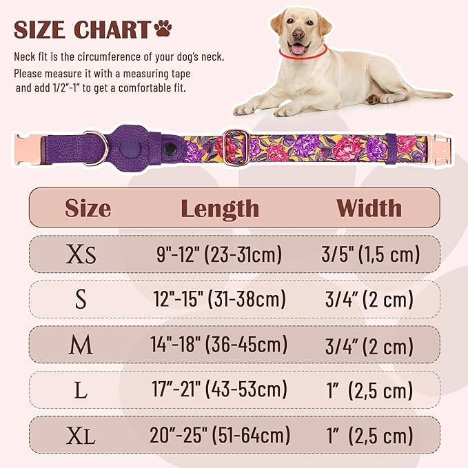 AirTag Dog Collar for Small Medium Large Breed - Adjustable Cute Pattern Dog Collar with Airtag Holder - Soft Leather Tracker GPS Apple Air Tag Pet Collars (X-Large, 20"-25" Neck Fit, Peonies)