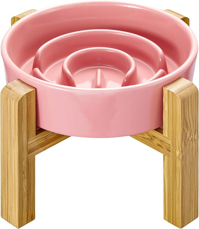 Ceramic Slow Feeder Dog Bowls Elevated, 0.6 Cup Slow Feeder for Small Dogs and Cats, Puzzle Maze Bowl, Prevents Choking, 6in, Pink