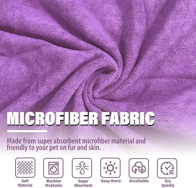 Dog Robe - Fast Drying Towel - Microfiber Super Absorbent Pet Bathrobe, Adjustable Collar & Belly Strap (Purple, Medium)