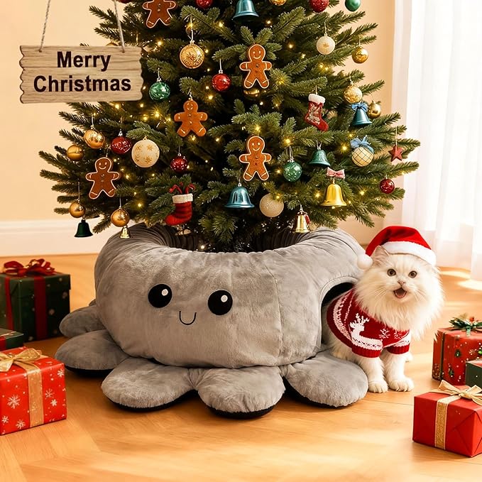 Cat Tunnel Bed for Indoor Cats, Peekaboo Cat Cave Bed, Cat Tunnel Christmas Tree Skirt, Octopus Shaped