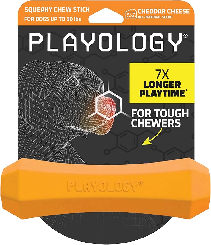 Playology Dog Toys | Durable Squeaky Chew Stick for Dogs | Medium Cheddar Cheese Scented Toy - Easy to Clean and Made from Non Toxic Materials