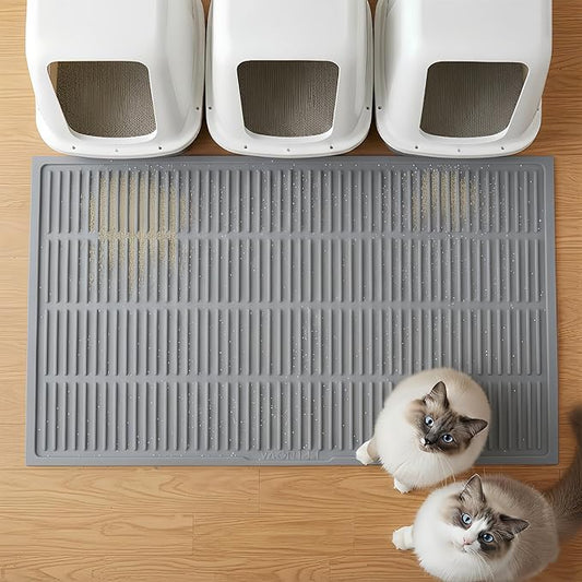 PetNova Extra Large Litter Mat: XL 39"x29" Silicone Waterproof Groove Design Litter Trapping Mat Easy to Clean for Multiple-Cats - Jumbo Non-Slip Cat Box Rug for Floor (Cool Grey)