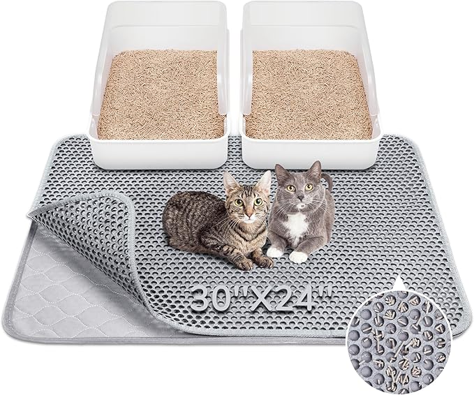 BurgeonNest Cat Litter Mat 30" x 24", Upgraded Felt & Fabric Material Cat Trapping Mat for Fewer Creases, Holds 1-2 Litter Boxes, Urine-Proof, Machine Washable, Non-Slip, Soft on Paws, Grey