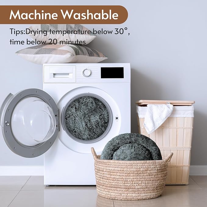 JOLLYVOGUE Calming Dog Bed for Small Dogs - 23 inches Donut Washable Small Dog Bed for Kittens & Puppies, Anti-Slip Round Fluffy Plush Faux Fur Cat Beds (Fits up to 25 lbs Pets, Navy Grey)