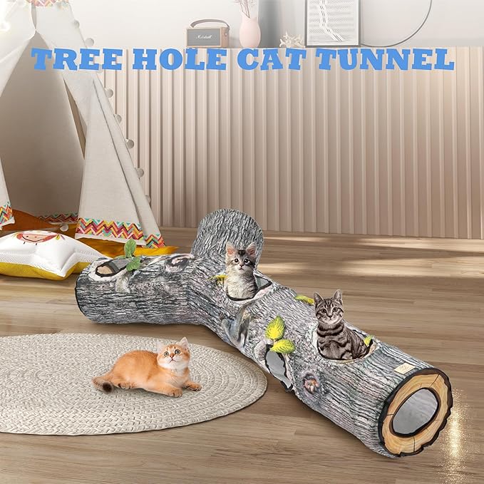 Tree Trunk Cat Tunnel - Cat Tunnels for Indoor Cats, Cat Bed Tree Hole Toy with Three Channels and Leaves, Foldable & Easy to Store, Suitable for Cats and Other Small Animals to Chase and Play