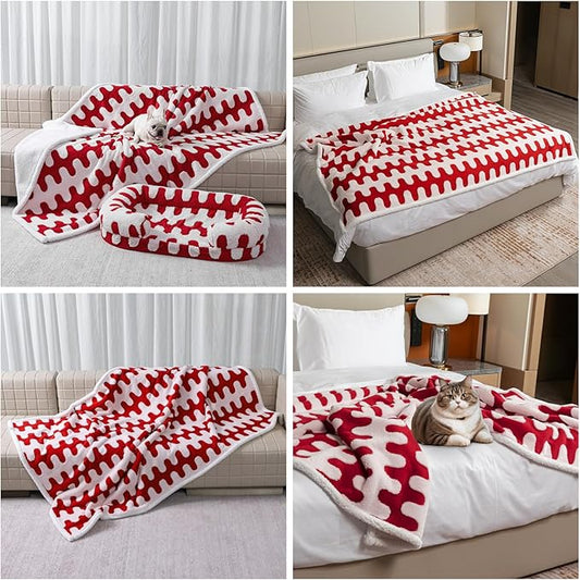 Waterproof Pet Blanket,Red Dog Blankets for Bed Covers Couch Sofa Stylish Jacquard Pets Throw Blankets for Puppy Cats Washable Reversible Furniture Protection Covers (Red Wave,L)
