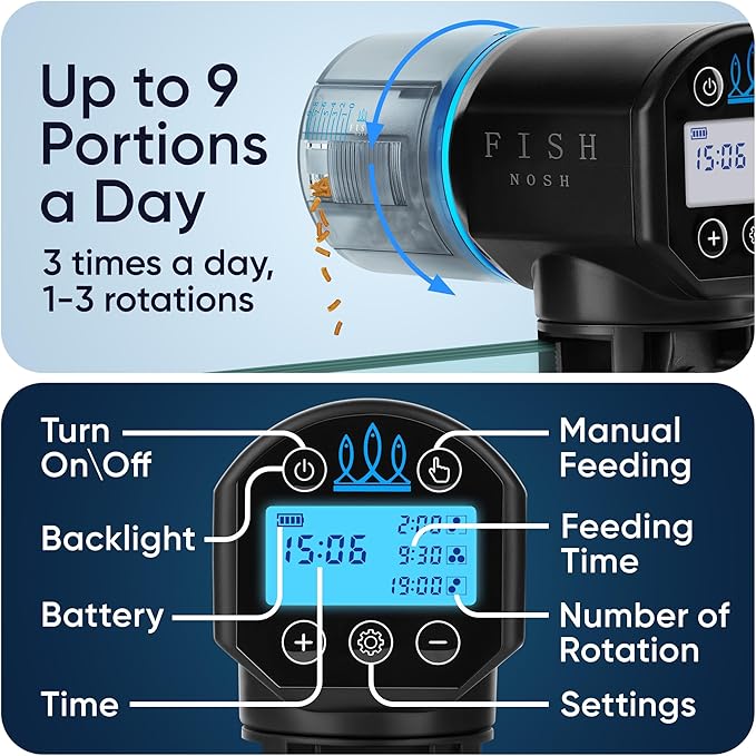 FISHNOSH Automatic Fish Feeder for Aquarium - New Generation 2025, Auto Food Dispenser with Timer for Small Tank, Big Aquariums & Pond (Blue)
