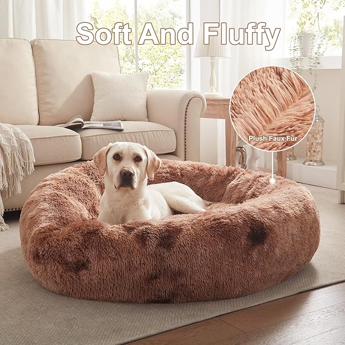 45 inches Donut Dog Bed for Extra Large Dogs,Calming Fluffy Round Jumbo Pet Bed with Removable & Washable Cover, Fits up to 120 lbs Pets (Tie-dye Brown,XL)