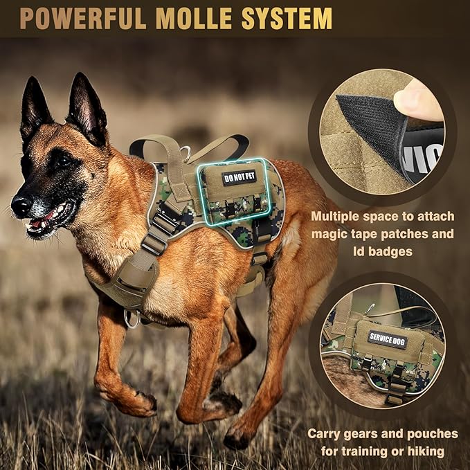 WINSEE Tactical Dog Harness for Medium Dog, Heavy Duty Service Working MOLLE Vest with 10 Pet Patches, 2X Metal Buckle Vest for Training Hunting Walking