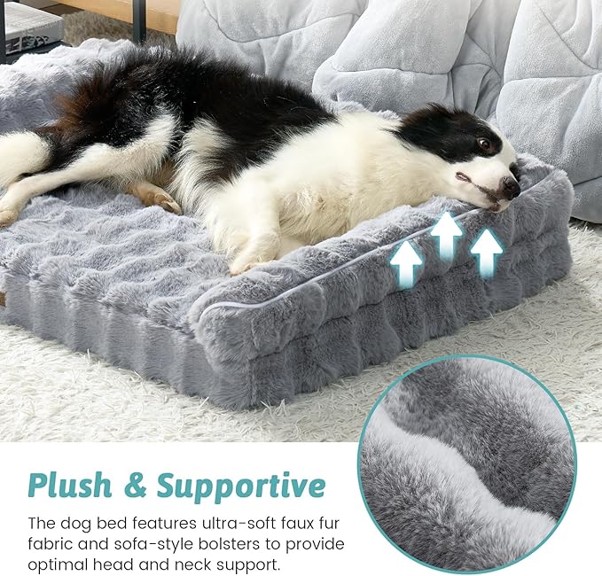 Faux Fur Orthopedic Dog Bed, Extra Large Dog Bed, Supportive Foam Pet Sofa with Waterproof Lining Cover, Washable U-Shaped Pet Couch with Anti-Slip Bottom Design, Grey XXL 48x32x8 inch