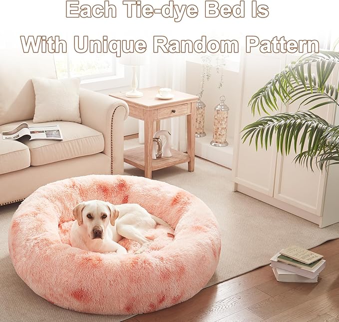 45 inches Donut Dog Bed for Extra Large Dogs,Calming Fluffy Round Jumbo Pet Bed with Removable & Washable Cover, Fits up to 120 lbs Pets (Tie-dye Pink,XL)
