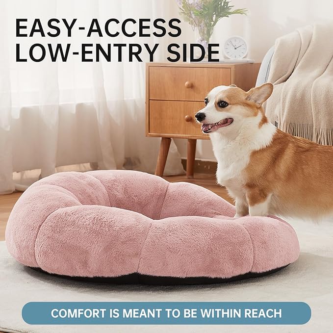 OhGeni 31 inches Calming Donut Orthopedic Dog & Cat Bed for Medium Pets, Warming Comfort Fluffy Short Pile Fur, Durable Waterproof Machine Washable Removable Cover, Cute Round Bed for Puppy, Pink