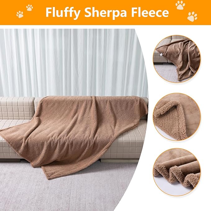 Waterproof Pet Blanket for Dog 57x65in Big Sherpa Fleece Blankets for Couch Puppy Fluffy Brown Blankets Leakproof Sofa Bed Love Reversible Cover -Camel,L-57x65in