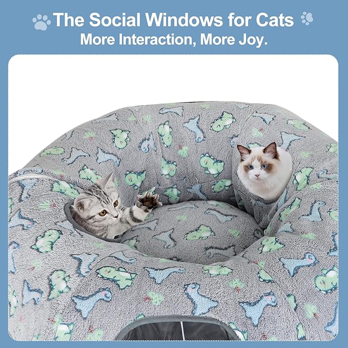 Cat Tunnel Bed, Foldable Cat Donut Tunnel with Removable Cushion & Toy Ball, Stress Relief Fun, Round Pet Play Tunnel for Indoor Cats, Kittens and Small Pets (3D Dinosaur Pattern)