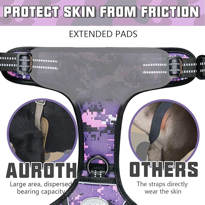 Auroth Tactical Dog Harness for Small Medium Large Dogs No Pull Adjustable Pet Harness Reflective K9 Working Training Easy Control Pet Vest Military Service Dog Harnesses (M, Purple Camo)