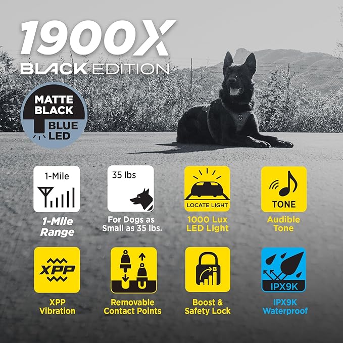 Dogtra 1900X Black Edition E-Collar - 3/4 Mile Range, Dogs 45 lbs+, IPX9K Waterproof, 100 Stimulation Levels, Vibration, Tone, Rechargeable - Ideal for Dog Owners and Professional Trainers