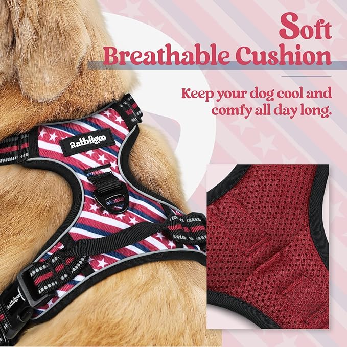 rabbitgoo Dog Harness No Pull with 2 Leash Clips, Adjustable Soft Padded, Reflective Oxford No Choke Pet Vest with Easy Control Handle for Large Dogs, Red Stripe, XL
