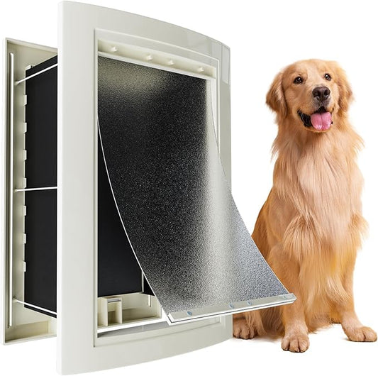 mestyl Dog Door for Wall, Pet Door, Doggie Door with Telescoping Tunnel, Double Magnetic Flaps and Sliding Lock Panels, 3-Flap Dog Door and Cat Door, Easy to Install, White, Large