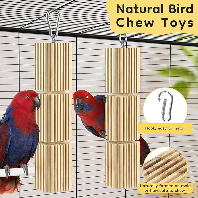 2 Pcs Bird Chew Toys, Natural Hanging Parrot Foraging Beak Grinding Wood Blocks, Birds Cage Accessories for Quaker, Caique, Conure, Cockatiel, African Grey