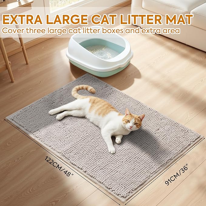 Pieviev Chenille Cat Litter Mat for Litter Box, 48"x36" Soft Ultra Absorbent Mat, Waterproof & Non-Slip, Easy to Clean Litter Trapping Mat for Indoor Cats, Gray