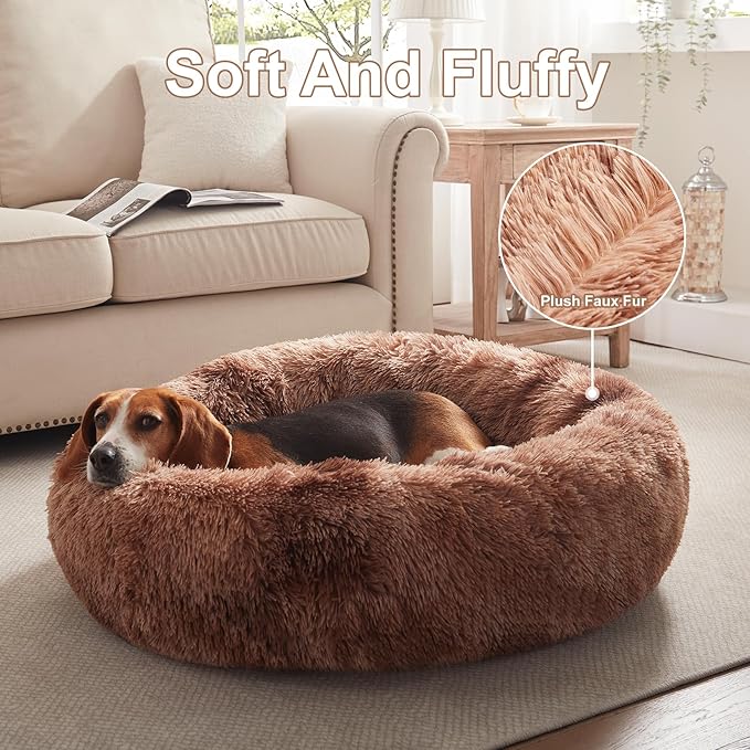 33 inches Donut Dog Bed for Medium Large Dogs,Calming Fluffy Round Pet Bed with Removable & Washable Cover,Fits up to 65 lbs Pets(Tie-dye Brown,M Plus)