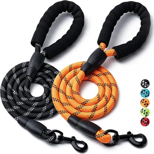 2 Pack Dog Leash, 4/5//6 FT Heavy Duty Nylon Rope Pet Leashes with Comfortable Padded Handle, Reflective Dog Leashes for Small Medium and Large Dogs (6FT-3/8,Black/Orange)