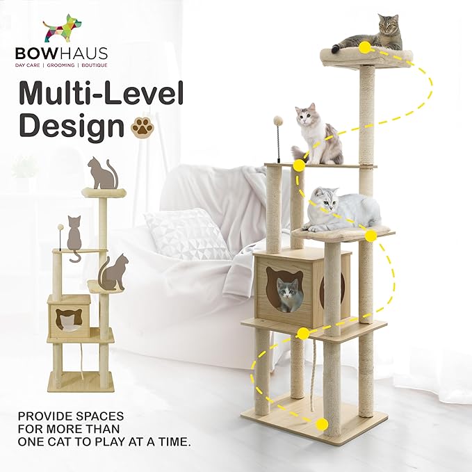 65” Wooden Cat Tree Tower for Indoor Large Cats & Kittens, Modern Tall Cat Climbing Tree w/Cave Condo, Scratching Posts, Perch, Multi-Level Cat Tower w/Interactive Toy & Detachable Cushion