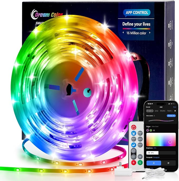 Pak LED Lights for Bedroom 16.4ft, Smart RGB+IC LED Strip Lights with App/Remote Control, Music Sync Color Changing Flexible LED Lights with 64 Scene Modes for Party, Home, Christmas, Halloween Decor