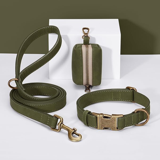 Didog Soft PU Leather Dog Collar, Stylish Quick Released Dog Collar for Large Dogs, Easy Clean Adjustable Pet Collar for Daily Walking, Dark Green, L Fit 15-23" Neck